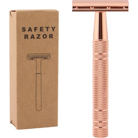Rasoir de sécurité pour femmes, lames à double tranchant, réutilisable, rasage doux, épilation indolore, rasoir en métal pour jambes, bras, aisselles et maillot (or rose) (1/5)
