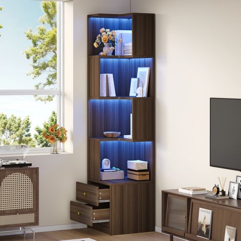 Libreria angolare a L LED app 45x43,5x180 cm MDF marrone, 4 ripiani e 2 cassetti (1/5)