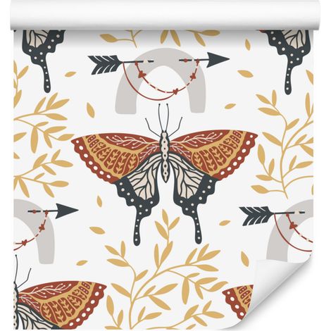 Papier peint bohème arc-en-ciel et papillons crème et orange pour salon et chambre 50x1000 (1/5)