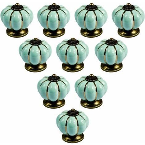 Pr Set of 10 European Vintage Style Pumpkin Shaped Ceramic Furniture Knobs for Dresser, Cabinets and Drawers (Light Blue) (1/5)