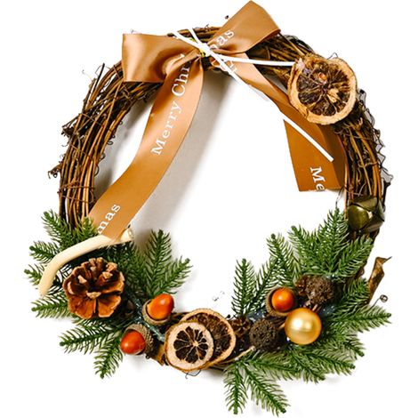 25 cm großer Weihnachtskranz aus Naturrattan mit Schleife, Tannenzapfen, Zitrone und roten Beeren, verziert mit Tannenzapfen und Pinienkernen aus PVC. Ideal für die Innendekoration. (1/2)