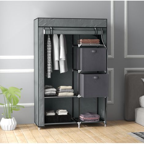 CHICFURN Armario de tela plegable 102 x 42,5 x 162,5 cm gris oscuro con barra y estantes (1/5)