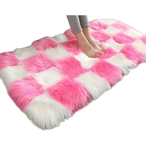Rechteckiger Teppich aus dickem Kunstfell, dreilagig, waschbar, weich und flauschig, Imitations-Schaffell, 60 x 90 cm, für Wohnzimmer, Schlafzimmer, Sofa, Fußende des Bettes, Bodenkissen (rosa und wei (1/5)