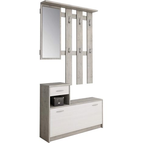 Mobile Ingresso con Specchio e Scarpiera Cemento Larice Bianco