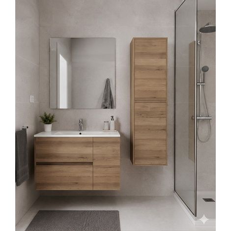 Mobile Bagno HEIMDALL Già Montato 2 cassetti e porta, lavabo e specchio Estepa 120x45 cm doppio lavabo con colonna