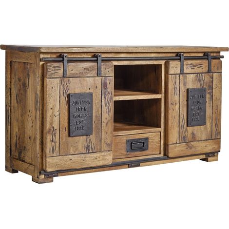 Massivmoebel24 – Buffet en manguier laqué 128x45cm – Style industriel RAILWAY – Finitions métalliques – Ambiance vintage unique (1/3)