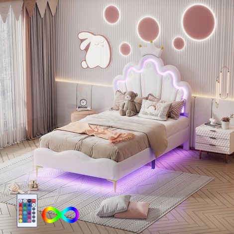 Lit enfant 90 x 200 avec LED et sommier, lit fille avec décor couronne, joli lit princesse, cadre de lit, similicuir, blanc (1/5)