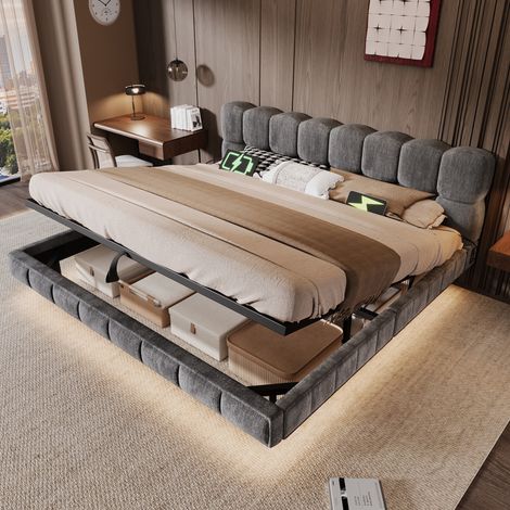 MODFU – Cama con arcón 180x200 cm de chenilla con LED, USB/Type-C, arcón hidráulico, somier de láminas y carga 300 kg – Gris (1/5)