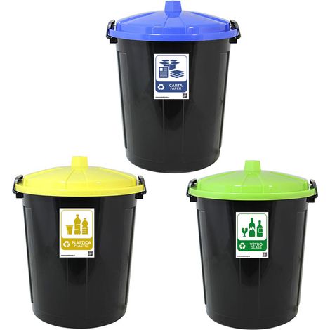 Tris 3 bidoni contenitori per la raccolta differenziata di carta plastica vetro new con coperchio chiurura antiodori e randagismo per casa cucina giardino locali commerciali (1/5)