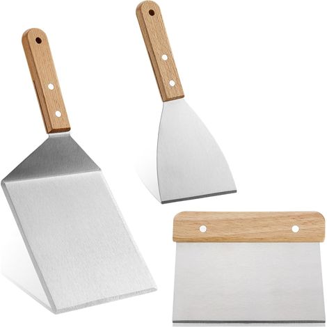 Grillspatel aus Edelstahl – 3-teilig – Edelstahl und Holz – Teigschaber und Küchenschaber – Für Teppanyaki-Grills und Camping – Silber (1/5)