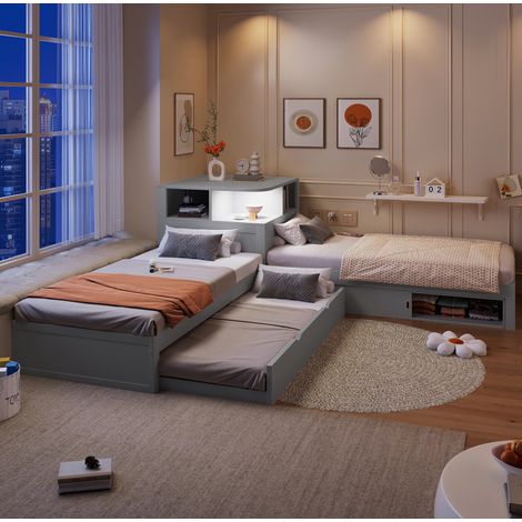 Letto singolo 291.5x94x66 cm, con letto estraibile, vano contenitore con porte scorrevoli, luce notturna, pino grigio (1/5)