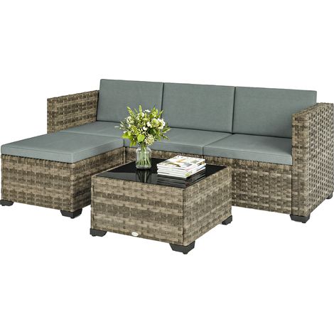 Ensemble de jardin extérieur en rotin 5 pièces avec coussins, 2 fauteuils d'angle, 1 chaise sans accoudoirs, repose-pieds et table (1/5)
