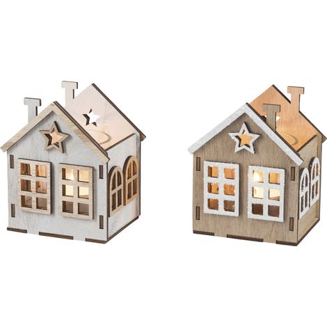 Teelichthaus Deko Holz mit Glaseinsatz für 1 Teelicht 11 cm 2-fach sortiert Dekofigur
