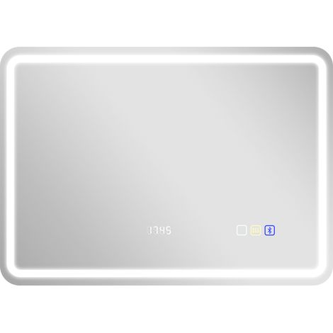 Miroir LED Bluetooth salle de bain 50x70 cm, miroir mural lumineux avec horloge, fonction antibuée, argenté (1/5)