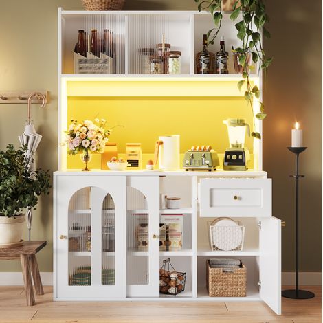 Madia alta 120x35x167 cm, con ripiani regolabili, illuminazione LED, vetri scorrevoli, MDF e truciolare bianco (1/5)