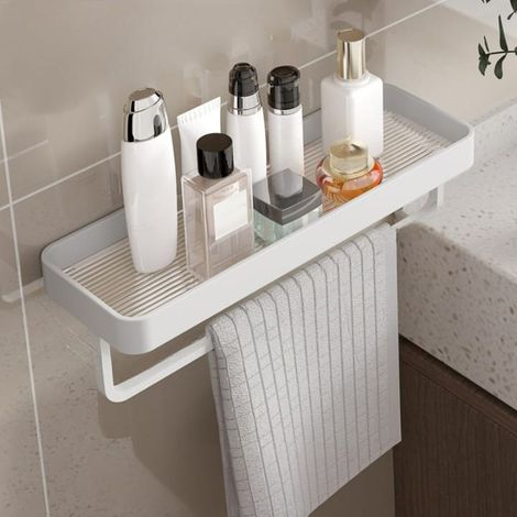 Étagère murale en aluminium blanc avec porte-serviettes – Rangement pratique et design moderne 40×11,5×3 cm (1/5)