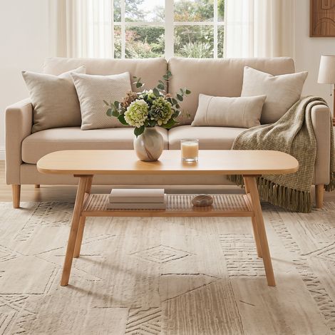 2-Tier Boho Rattan Coffee Table with Rounded Corners-Natural (1/4)