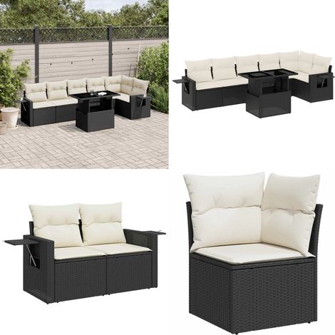 Salon de jardin 7 pcs avec coussins noir résine tressée - Ensemble Salon De Jardin - Meuble Extérieur - Jardin Design - Mobilier Résistant Aux Intempéries - Chaise Lounge - Home & Living (1/5)