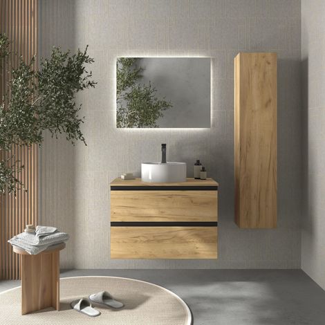 Meuble de salle de bain BEQUIA METAL 80cm Chêne  Avec plan toilette (vasque non incluse) (1/5)
