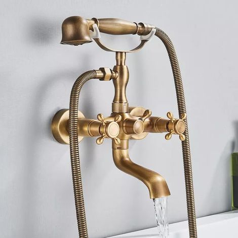 Zamery – Mitigeur de baignoire rétro en laiton chromé – Double poignée – Flexible de douche 60 pouces – Installation murale facile (1/5)