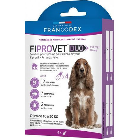 4 pipettes anti puces fiprovet duo pour petit chien 10 a 20 kg - Francodex (1/2)