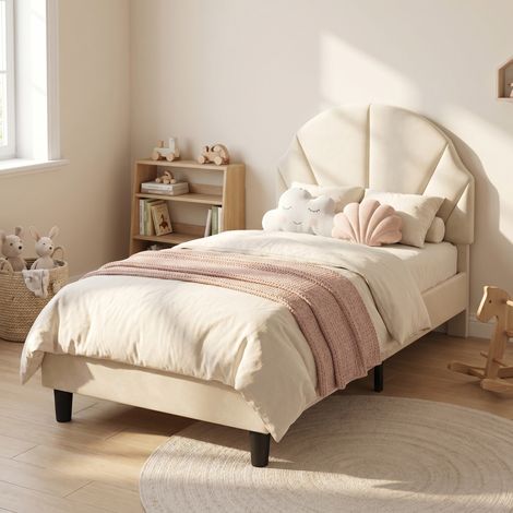 Letto per bambini 90x190 cm, letto singolo con testiera regolabile a forma di conchiglia, struttura in velluto, stile moderno scandinavo, beige