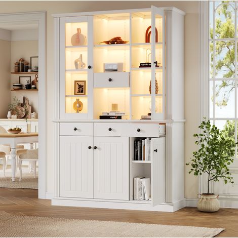 Vitrine mit LED, 4 Schubladen und 21 Fächern, Weiß, 119,5 x 40 x 180 cm OKMYHOME (1/5)