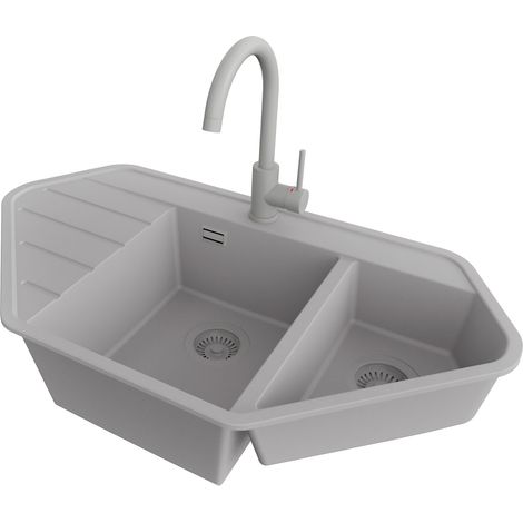 PRIMAGRAN Evier d'angle en Granit 90x50cm,Lavabo Cuisine 1,5 bacs + Robinet 32x20cm + Kit de Vidage, Évier à Encastrer au meuble 70cm - Copenhague Corner, Gris (1/5)