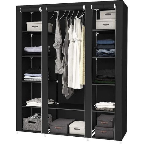 Armoire, armoire en tissu, armoire pliante, armoire à linge, porte-manteau avec tringle, tissu non tissé, noir, 175 x 150 x 45 cm (1/5)