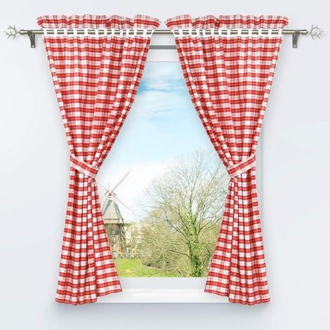 ZVD-Ensemble de 2 Pièces de Rideaux Opaque Perforés avec 2 Embrasses Motif à Carreaux Décoration de Fenêtre pour Chambre Intérieur Rouge H/L 120/80cm (1/3)