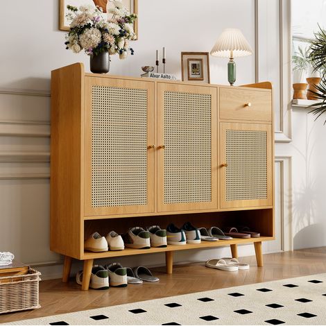 Meuble à chaussures 120x35x106 cm en panneaux de bois naturel, avec rangement pour entrée FloraGrace (1/5)