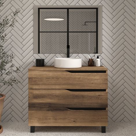 Meuble de salle de bain 100 avec plateau et vasque à poser - 3 tiroirs - tabaco (bois foncé) - MATA (1/5)