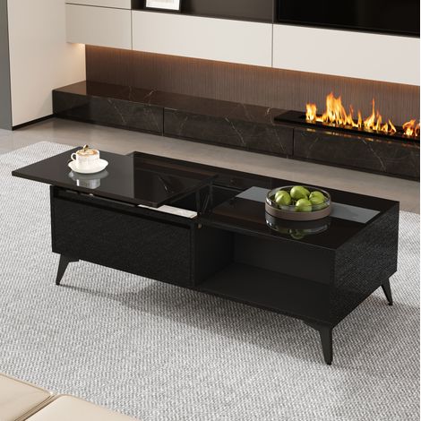 Mesa de centro de tablero de partículas negra brillo 110 x 50 cm, tapa elevable con almacenaje (1/5)