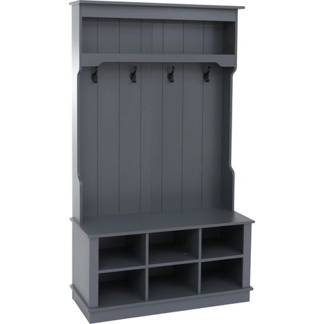 [NEUWERTIG] Garderobe HHG-661, Flurgarderobe Holzgarderobe Sitzbank, 4 Haken Staufach Ablage Melamin 170x100x39cm dunkelgrau