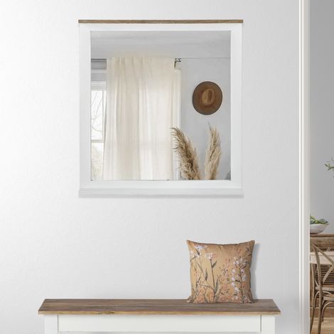 WOMO-DESIGN Espejo de Pared XI'an 80 x 76 cm Rectangular de Cristal Marco de Madera Maciza de Mango Lacado Blanco/Naturaleza Estilo Rústico Elegante Decorativo de Baño Espejo de Maquillaje Vestidor (1/4)