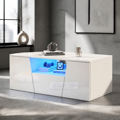 LED-Couchtisch 100 x 50 x 40 cm mit 2 Schränken, 1 Schublade und Stauraum, Weiß HAVRYA (1/5)