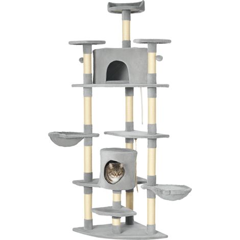 Tiragraffi XXL, albero per gatti multifunzione con pali per graffiare, 6 piattaforme, 2 scomparti, alto 200 cm, grigio. (1/5)