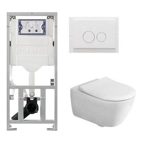 Villeroy & Boch Subway 2.0 Pack WC - réservoir encastré Geberit - à fond creux - WC suspendu - flush direct - plaque de déclenchement - boutons ronds (1/5)
