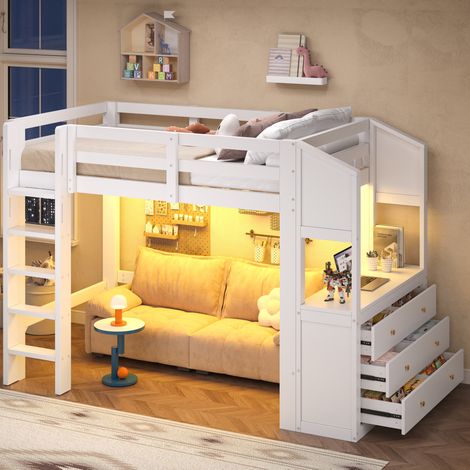 Hochbett 90/200 cm in Weiß mit LED, 3 Schubladen und Regalen (1/5)