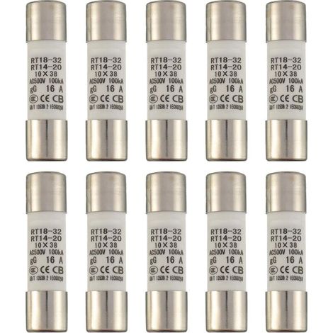 16 A 500 V Keramikrohrsicherung RT18-32 Zylindrische Hochspannungssicherung 10 x 38 mm (10 Stück) (1/4)