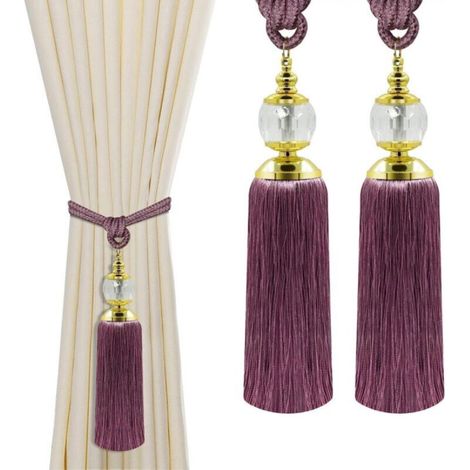 Set of 2 crystal ball shaped tassel curtain tiebacks for curtain holders, purple decorative tassels