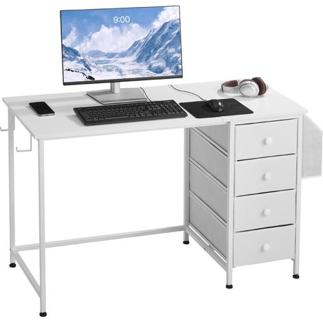 VEVOR Scrivania per Computer con Cassetti in Tessuto, Reversibile da 120 cm per Ufficio Moderno in Casa, Camera da Letto, Tavolo per PC Semplice e Moderno con Struttura in Metallo, Bianco