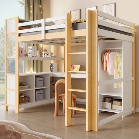 cama alta 140x200 con escritorio y armario de pino OKMYHOME (1/5)