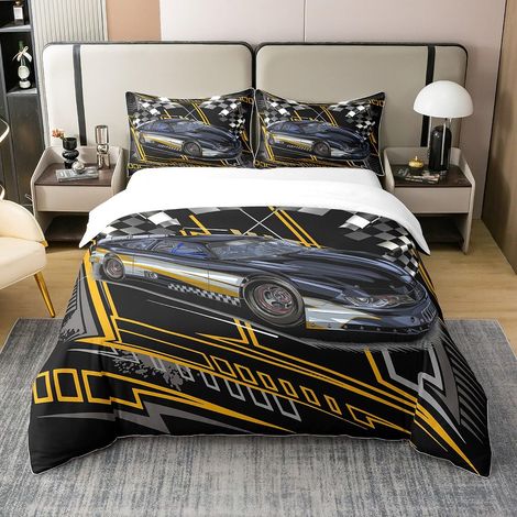 Housse de Couette 220x240 en Coton Voiture de Course Moderne pour Garçons, Ensemble de Literie Voiture de Sport À La Mode pour Ados, Literie Noir Jaune Gris Lignes Géométriques (1/5)