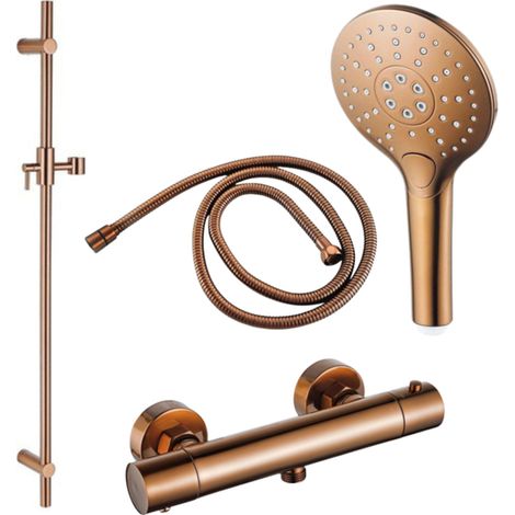 FugaFlow Eccelente Robinet de douche avec ensemble barre coulissante avec douchette ronde, flexible de douche métallique Cuivre brossé PVD