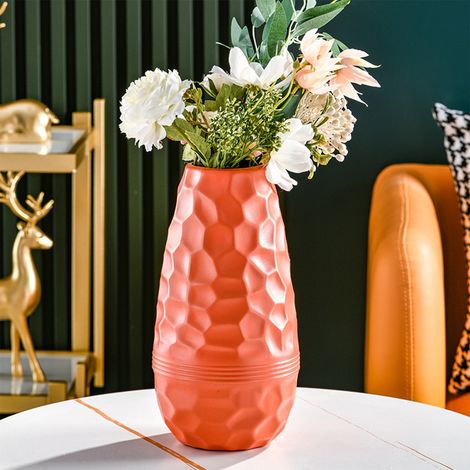 Vase En Plastique - Finition Imitation Émaillée - Pour Fleurs Séchées Ou Fraîches - Décoration Salon Et Meuble TV - 25,5 X 9,5 X 7,5 Cm - Orange - 1 Pièce (1/5)