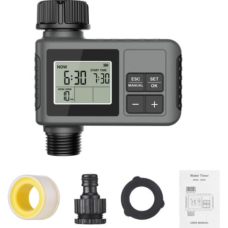 Système d'irrigation avec minuterie d'eau, arroseur de jardin programmable, 1 sortie, contrôleur de vannes de synchronisation intelligentes, retard de pluie/manuel/grand écran LCD, IPX5, étanche, noir (1/5)