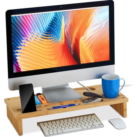 Relaxdays Bamboo Monitor Stand, with Slots for Cup, Smartphone & Utensils, Ergonomic Screen Holder, 9x54x23 cm, Natural