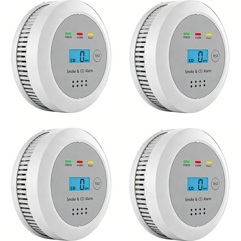 4 detectores de humo y monóxido de carbono 2 en 1 con pantalla: alarma audible de 85 dB, advertencia de CO (detector independiente a pilas) (1/5)
