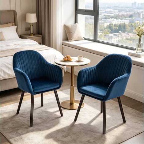 Set di 2 sedie da pranzo, schienale curvo e braccioli, struttura in metallo e legno massello, velluto nero e blu (1/5)